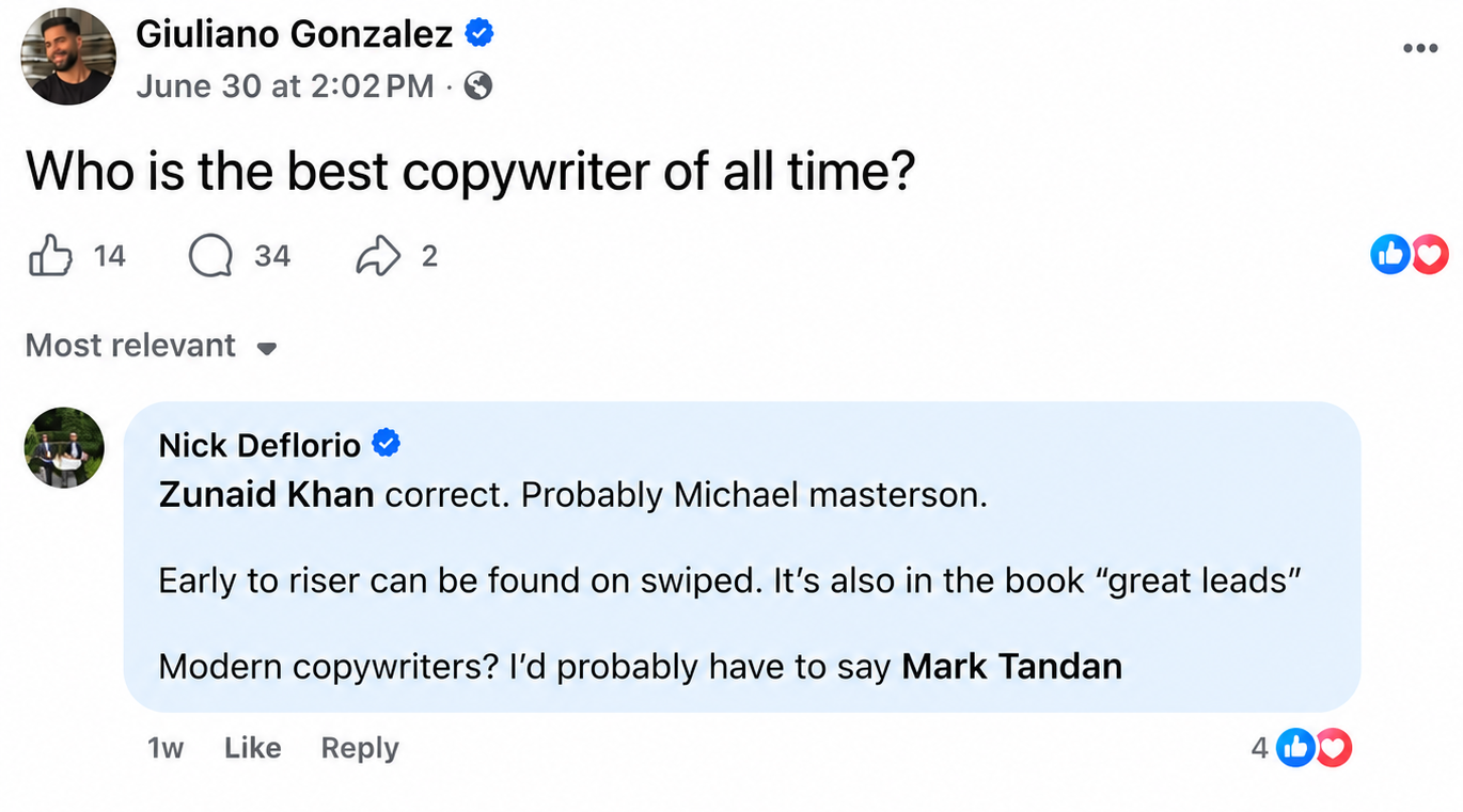 Who is the best copywriter of all time? Modern copywriters? I'd probably have to say Mark Tandan.